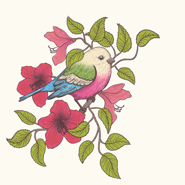 Vector illustration of a colorful bird and blooming summer flowers - Vektor, kép