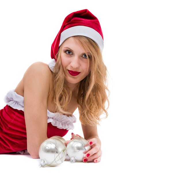 beautiful young smiling woman with Christmas decorations against isolated white - Fotó, kép
