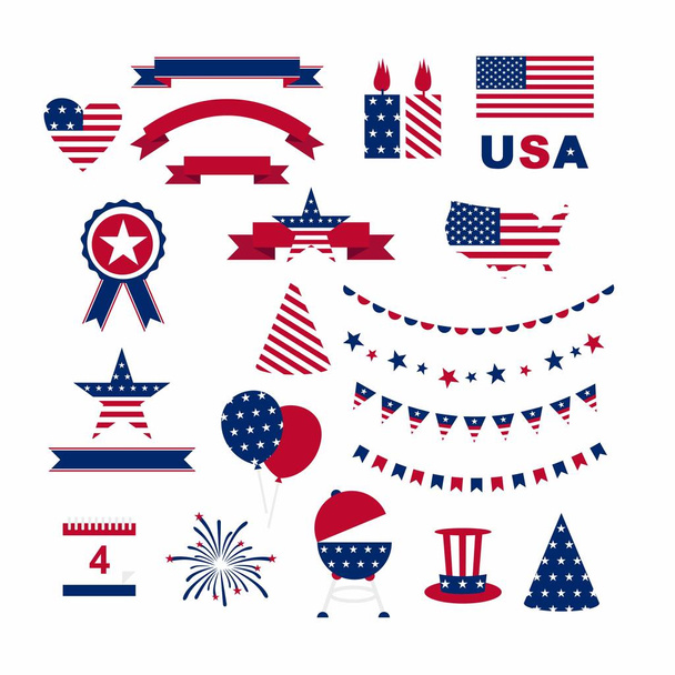USA feiern flache nationale Symbole für den Unabhängigkeitstag auf weißem Hintergrund - Vektor, Bild