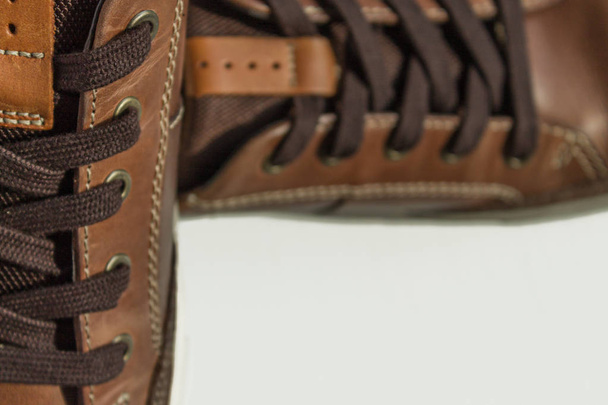 A Pair of Mens Brown Shoes. Flat Lay - Foto, Imagem