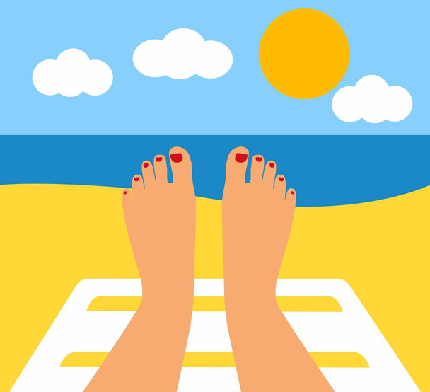 Tanned Feet and the sea. female legs against the sea, beach  - Vector, Image