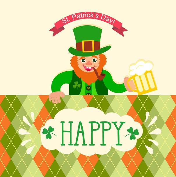 Κάρτα για τη γιορτή του St. Patrick. Καλλικάτζαρος με ένα ραβδί, πίπα καπνίσματος και ένα ποτήρι της μπύρας - Διάνυσμα, εικόνα