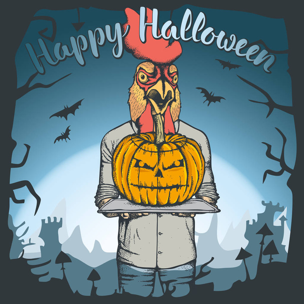 Петух держит тыкву на Хэллоуин
 - Вектор,изображение
