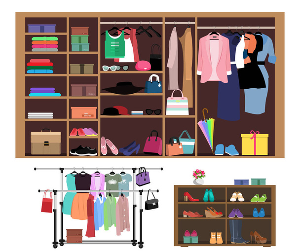Flat style concept of wardrobe for women. Stylish closet with fashion women's clothes, shoes and bags. Set of hangers with clothes isolated vector illustration - Вектор, зображення