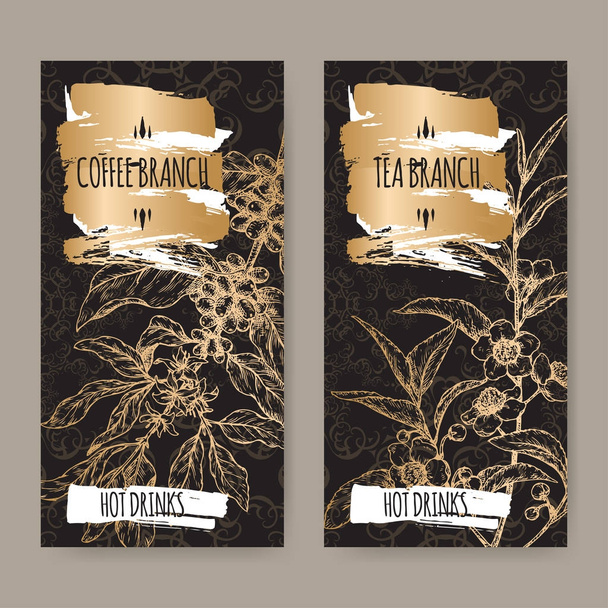 Set of two labels with tea and coffee branch sketch on black. Hot drinks collection. - Vettoriali, immagini