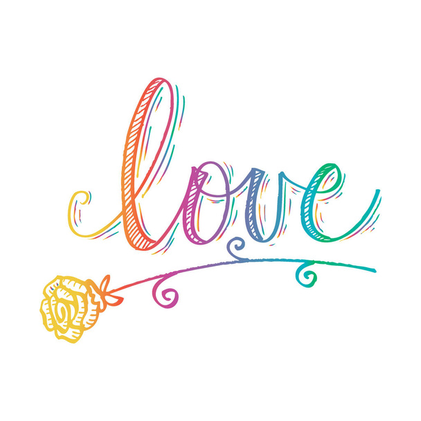 handgezeichnetes Wort Liebe mit Rosenblume. - Foto, Bild