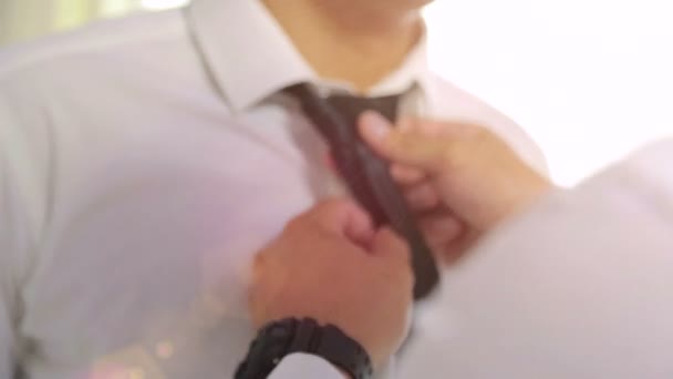 de bruid draagt bij tot het dragen van een stropdas. - Video