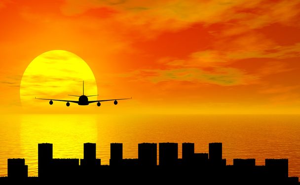 飛行機と都市のシルエットと夕日 - 写真・画像