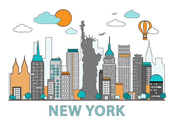 Thin line flat design of New York city. Modern New York skyline with landmarks vector illustration, isolated on white background  - Vektör, Görsel