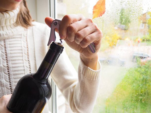 The corkscrew opens a bottle of wine on a festive bright background. - Photo, Image
