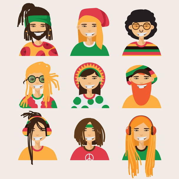 Set with vector rastafarian men, isolated on background. Lovely flat cartoon characters in bright colors. - Vector, Image