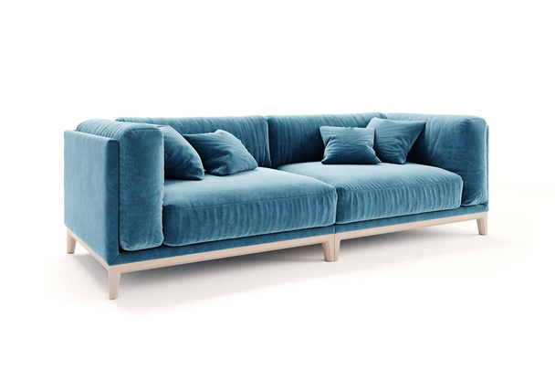 3d beautiful blue velvet sofa on white background - Fotografie, Obrázek