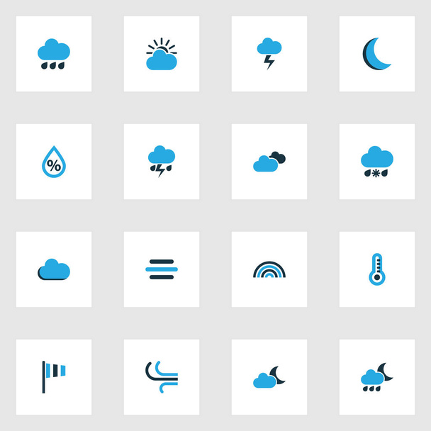 Weather Colorful Icons Set. Raccolta di nuvoloso, velocità del vento, arco e altri elementi. Include anche simboli come freddo, termometro, vento
. - Vettoriali, immagini