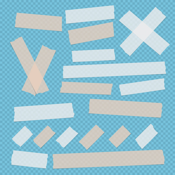 Barna és fehér különböző méretű ragasztó, ragadós, scotch szalag, papír a darab kék négyzet háttér. - Vektor, kép