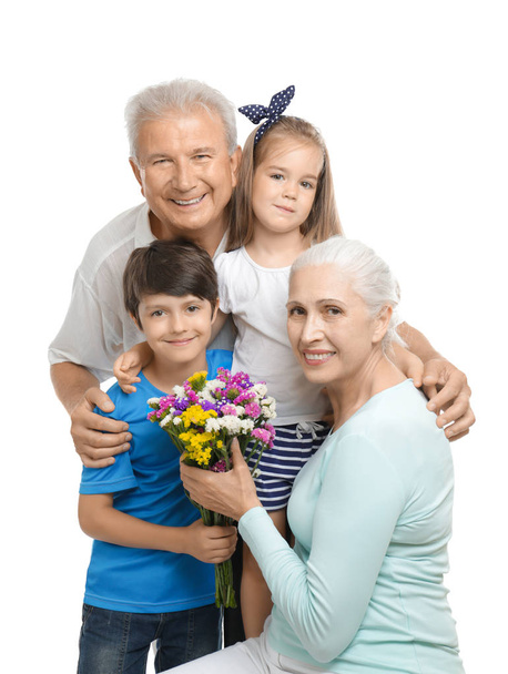 Elderly man and woman with grandchildren on white background - Photo, Image