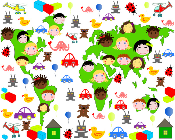 osób dzieci różnych ras na mapie świata zabawek - Zdjęcie, obraz