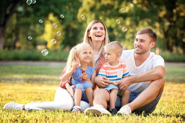 Happy family blowing soap bubbles in park on sunny day - Fotografie, Obrázek
