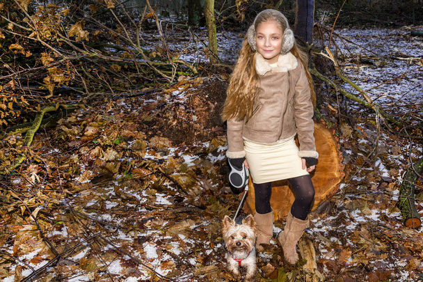 Beautiful sweet little girl dressed in a sheepskin coat and boots sitting on the trunk and in the background is the amazing view of autumn and winter - Photo, Image
