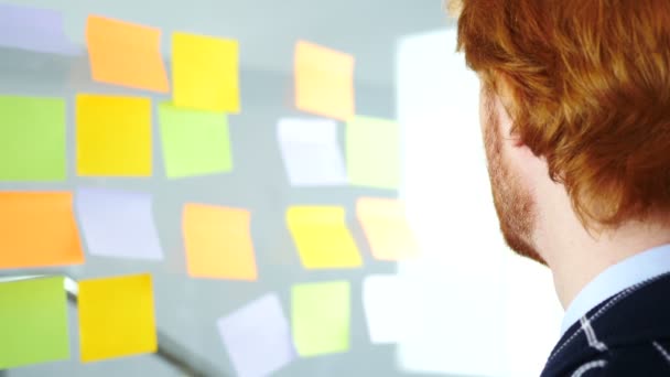 Pensive Redhead Businessman Working on Sticky Notes, Back View - Footage, Video