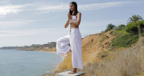 Femme concentrée pratiquant le yoga
 - Photo, image