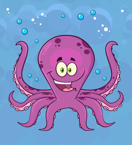 Personaje feliz de la mascota del pulpo de la historieta púrpura nadando bajo el agua con fondo azul
 - Vector, imagen