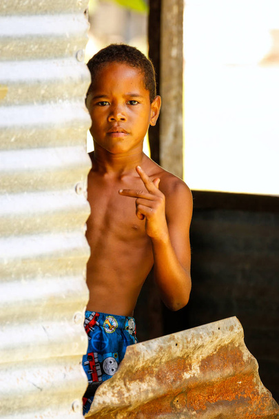 LAVENA, FIJI - 27 DE NOVIEMBRE: Un niño no identificado juega en Lavena vil
 - Foto, imagen