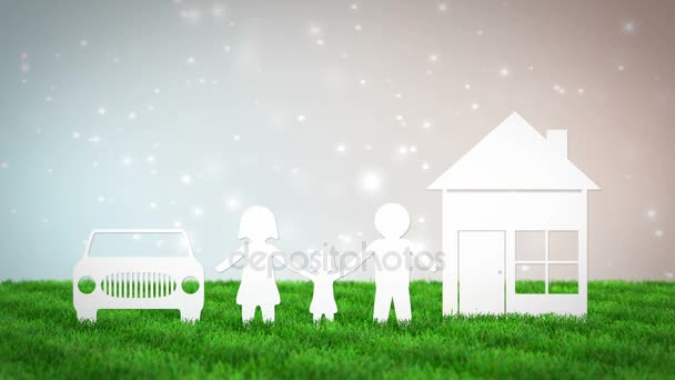 χαρτί οικογένεια με σπίτι και αυτοκίνητο σε φόντο bokeh. 3D animation καθιστούν - Πλάνα, βίντεο