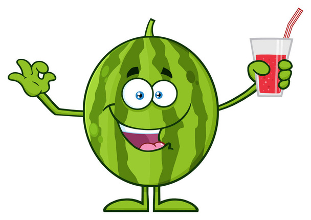 Щасливий зелений кавун фрукти мультфільм талісман персонаж тримає склянку соку ілюстрації ізольовані на білому
 - Вектор, зображення