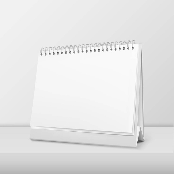 Vector realistic horizontal blank spiral calendar closeup standing on white table. Design template, mockup. Stock vector illustration, eps10 - Vektor, Bild