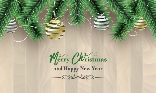 Frohe Weihnachten und ein gutes neues Jahr Vektorbanner als Wunsch mit goldenen und silbernen Weihnachtskugeln, Schleifen, Konfetti und grünen Zweigen. - Vektor, Bild