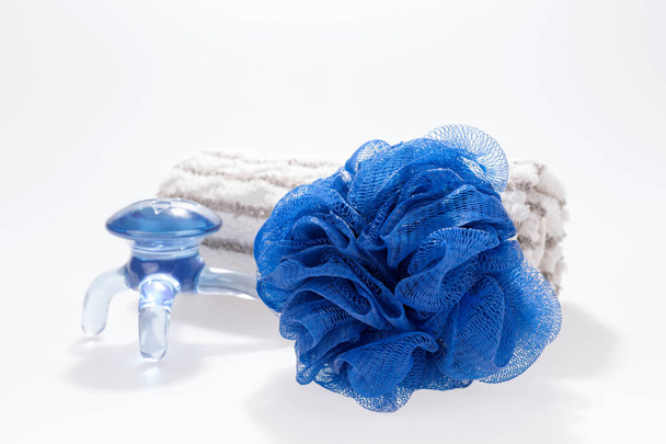Spa concept hand towel and blue equipment - Photo, Image