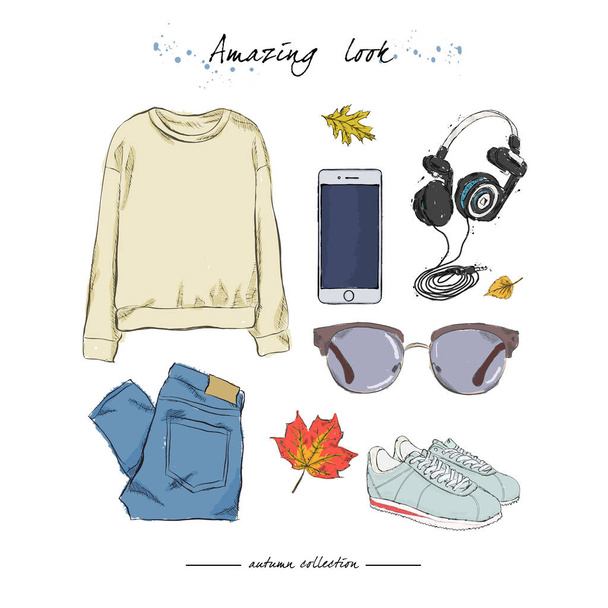 Un conjunto de atuendo de otoño con accesorios: jersey amarillo, styli
 - Vector, Imagen