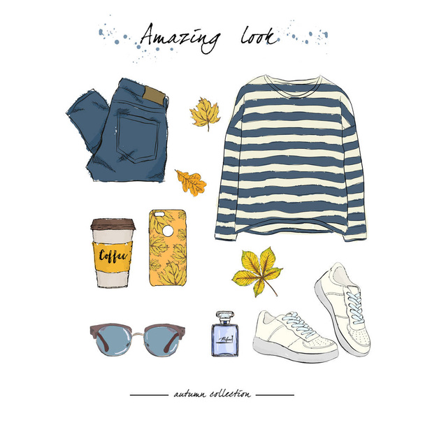 A set of autumn outfit  with accessories:pullover in black and w - Vector, Image