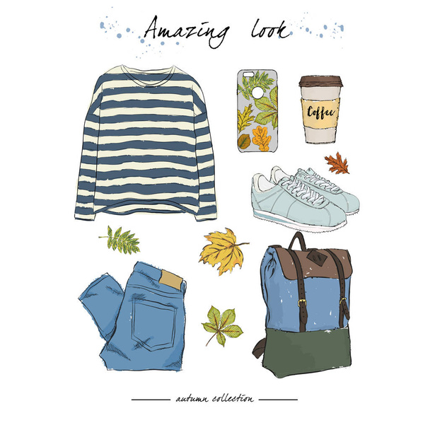 A set of autumn outfit with accessories:pullover in black and wh - Vector, Image