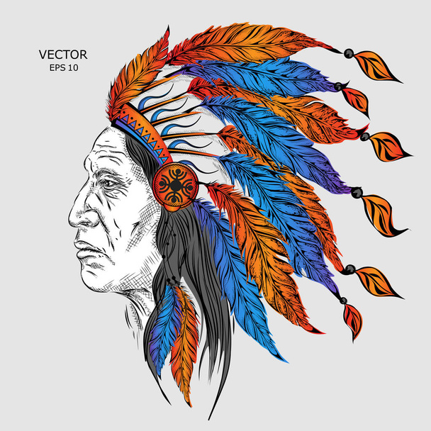 Muž v Native American indiánský náčelník. Černá plotice. Indické peří čelenku orla. Ruky kreslit vektorové ilustrace - Vektor, obrázek