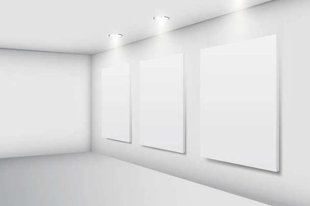 Realistic white gallery interior with empty picture frames - Vector, Image