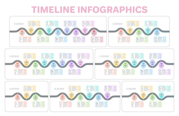 Navigation map infographics 3-9 steps timeline concept. Creative - Вектор,изображение