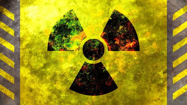 Radyasyon sembolü, sarı arka plan. 3D çizim - Fotoğraf, Görsel