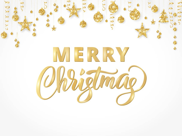 Merry Christmas hand written lettering. Golden glitter border, garland with hanging balls and ribbons. - Vector, imagen