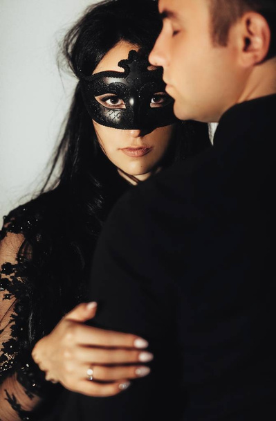 woman  with  theatrical mask and handsome man - Fotoğraf, Görsel