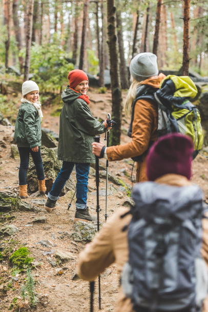 parents and kids trekking in forest - 写真・画像