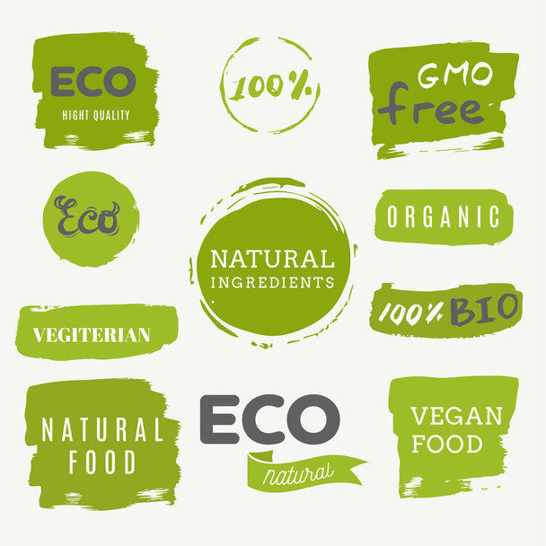 Zdravé potraviny ikony, štítky. Ekologické značky. Přírodní produkt ZŠ - Vektor, obrázek