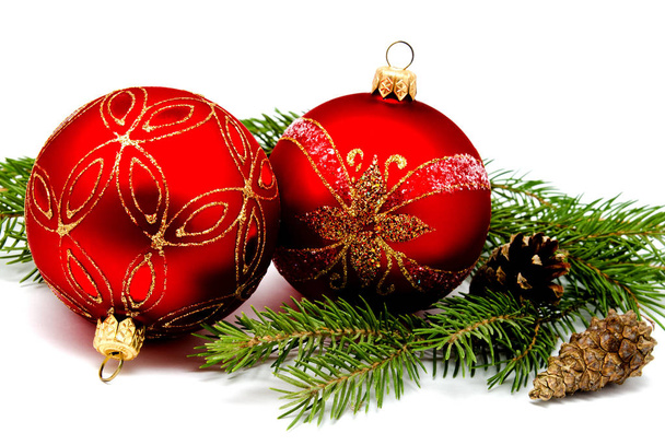 Christmas decoration red balls with fir cones  - Fotó, kép