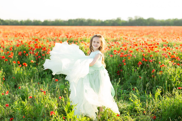 modelo de menina, papoilas, infância, moda, crianças, natureza e conceito de verão - no campo de papoilas sorrindo modelo de menina bonita em um vestido de bola azul, ela levanta o vestido de bainha exuberante
. - Foto, Imagem