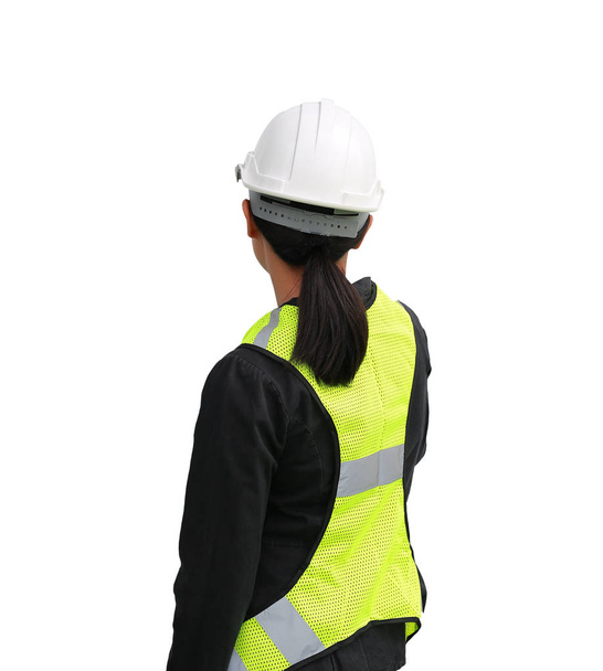 Back view of female construction worker isolated on white background - Foto, Imagem