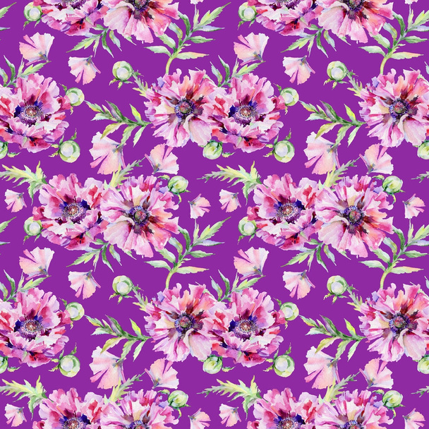 Wildflower poppy flower pattern in a watercolor style. - Foto, Imagem