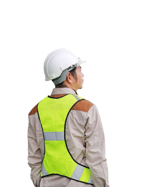 Vue arrière d'un ouvrier de la construction isolé sur fond blanc
 - Photo, image