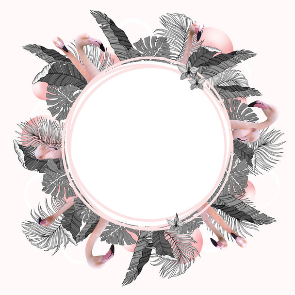 funny and modern summer tropical background with exotic palm leaves and flamingo - Valokuva, kuva