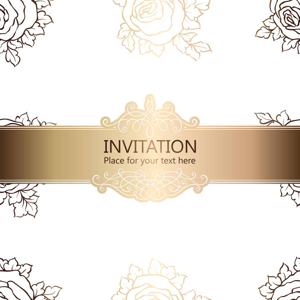 abstrakter Hintergrund mit Rosen, luxuriösem weißen und goldenen Vintage-Rahmen, viktorianischem Banner, Damast-Tapeten-Ornamenten, Einladungskarte, Barock-Booklet, Modemuster, Design-Vorlage. - Vektor, Bild
