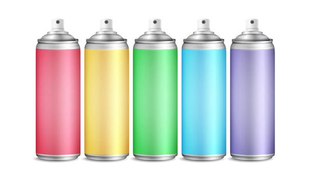 Colorful Spray Can Set Vector. 3D Aluminium Bottles. Paint Aerosol For Street Graffiti. Branding Design. 3D Packaging. Mock Up. Isolated Illustration - Vector, Image